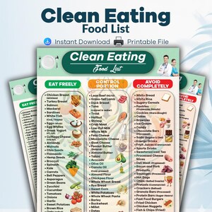 Puede incluir: Una "Lista de alimentos de alimentación limpia" imprimible con tres columnas: "Comer libremente", "Controlar la porción" y "Evitar por completo". La lista incluye varios alimentos, como pechuga de pollo, salmón, verduras y alimentos procesados.
