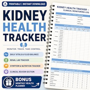 Op de afbeelding: Een spiraalgebonden niergezondheidstracker met de titel "Kidney Health Tracker - Clinical Monitoring Log". De cover bevat de woorden "Kidney Health Tracker" in blauw en wit, samen met iconen en de tekst "Monitor. Track. Take Control."
