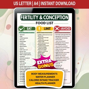 May include: A digital fertility and conception food list chart displayed on a tablet screen. The chart is divided into three columns labeled Eat, Limit, and Avoid, with a pink starburst graphic labeled Extra Bonus and a yellow box listing additional planners.