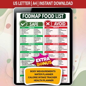 Könnte beinhalten: Digitaler FODMAP-Lebensmittel-Liste auf einem Tablet, mit sicheren und zu vermeidenden Lebensmittelkategorien. Enthält Obst, Gemüse, Getreide, Milchprodukte, Süßstoffe und Proteine. Enthält auch einen Bonusbereich mit Körpermaßen, Wasserplaner, Kalorien-Tracker und Gesundheitsplaner.