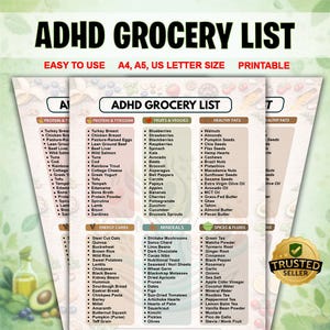 Może przedstawiać: Drukowana lista zakupów dla osób z ADHD, z kategoriami dla białka, owoców i zdrowych tłuszczów. Zawiera produkty takie jak jagody, orzechy włoskie, szpinak i awokado. Dostępna w formatach A4, A5 i US Letter.