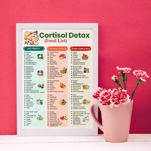 May include: A framed "Cortisol Detox (Food List)" chart lists foods to eat freely, control portions, and avoid. A pink mug with red and pink flowers sits to the right. The background is a solid red.