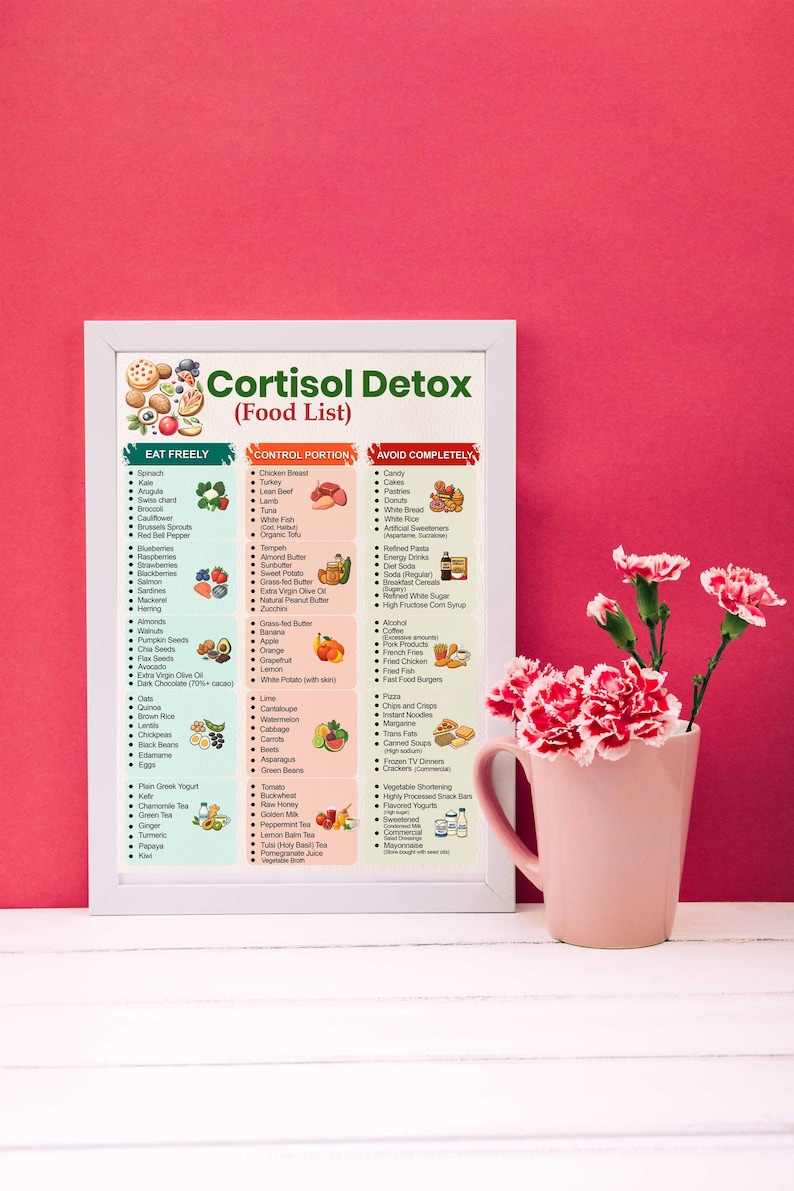 May include: A framed "Cortisol Detox (Food List)" chart lists foods to eat freely, control portions, and avoid. A pink mug with red and pink flowers sits to the right. The background is a solid red.