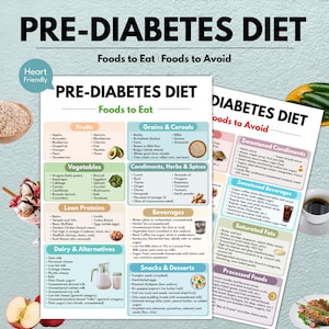 Może przedstawiać: Informatyczna infografika szczeg&oacute;łowo opisująca dietę dla os&oacute;b z cukrzycą, wymieniająca produkty do spożycia i unikania. Zawiera owoce, warzywa, zboża, chude białka, alternatywy dla nabiału, napoje, przekąski i przyprawy. Tekst jest w języku angielskim.