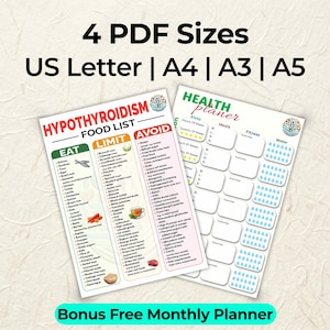 May include: Two printable planner sheets. One is a food list for hypothyroidism, categorizing foods to eat, limit, and avoid. The other is a health planner with sections for sleep, meals, fitness, and water. The image also includes the text "4 PDF Sizes US Letter | A4 | A3 | A5".
