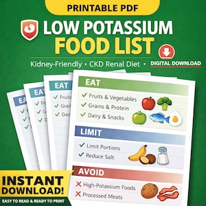 May include: A digital download of a "Low Potassium Food List" in PDF format. The list is divided into sections: "Eat", "Limit", and "Avoid". The "Eat" section includes fruits, grains, and dairy. The "Limit" section advises portion control.