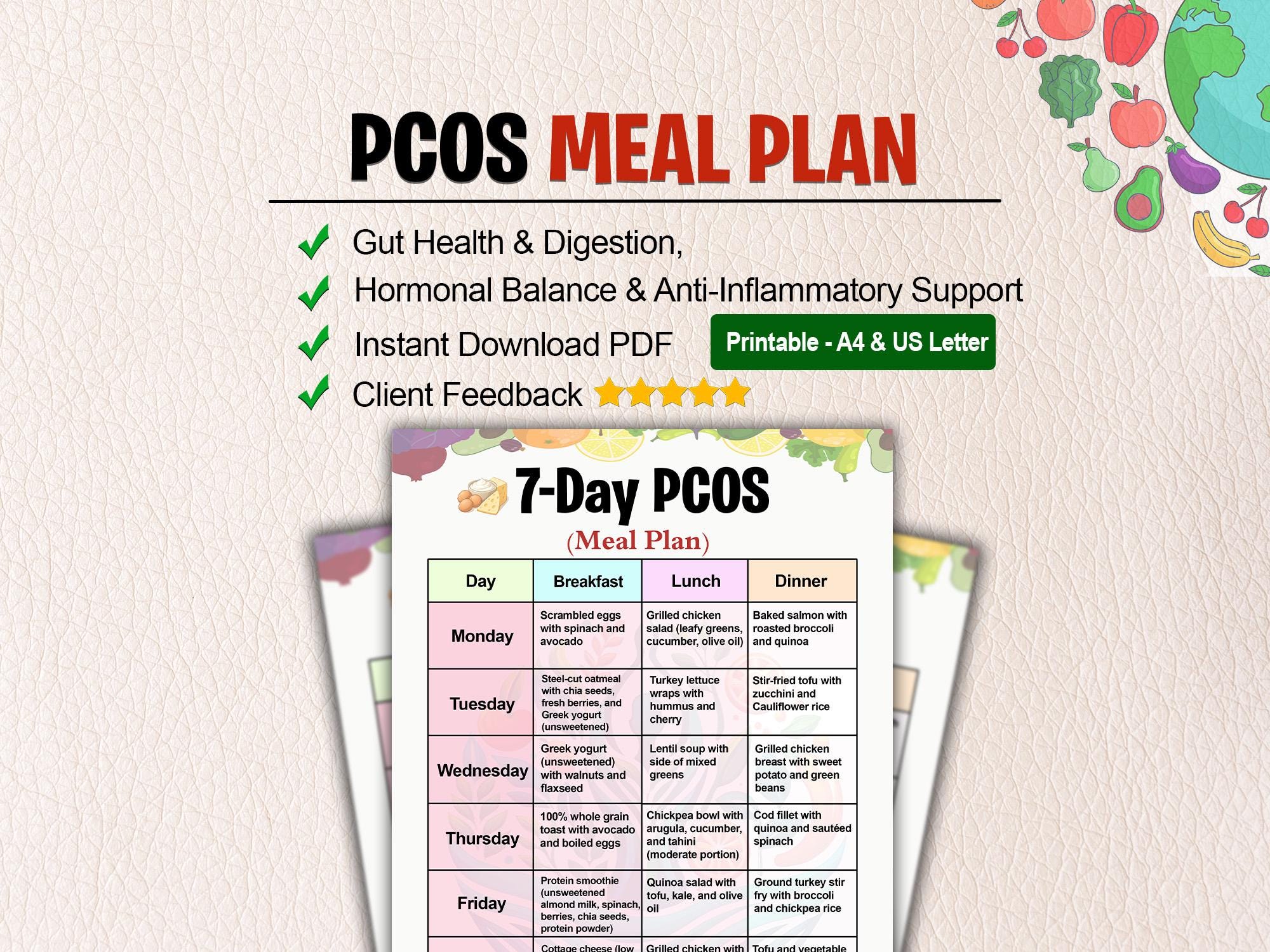 PCOS Meal Plan Printable, 7-day Hormone Balance Diet for Women, Anti ...