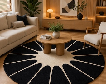 Round Black Cream Rug, Modern Sunburst Rug, Handmade Tufted Wool Area Rug, Minimalist Circle Rug, Living Room Decor Rug, custom size rug 8×8