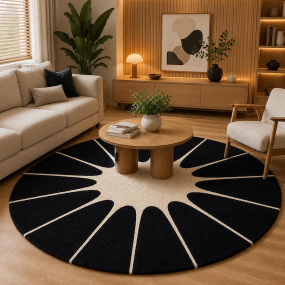 Round Black Cream Rug, Modern Sunburst Rug, Handmade Tufted Wool Area Rug, Minimalist Circle Rug, Living Room Decor Rug, custom size rug 8×8
