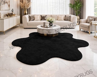Black Flower Shaped Rug, Modern Wavy Blob Area Carpet, Luxury Irregular Abstract Rug for Living Room, Cute Aesthetic Plush Bedroom Rug 8×10