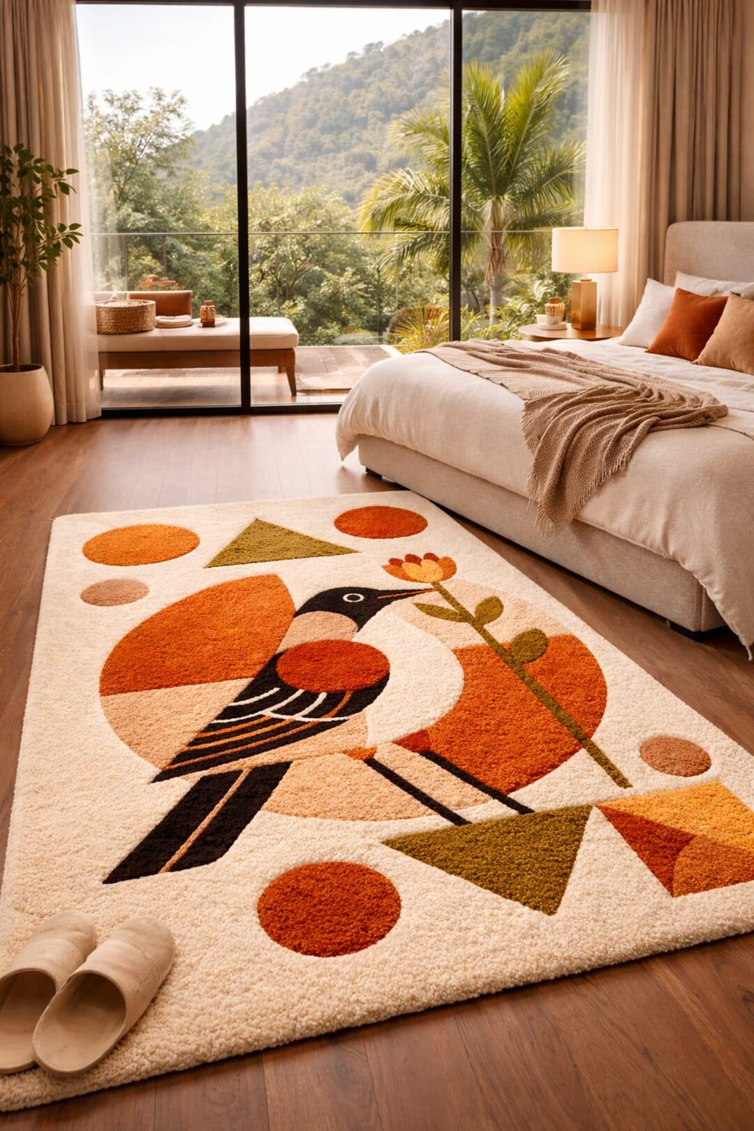 Mid Century Modern Bird Area Rug Abstract Geometric Pattern Boho Living ...