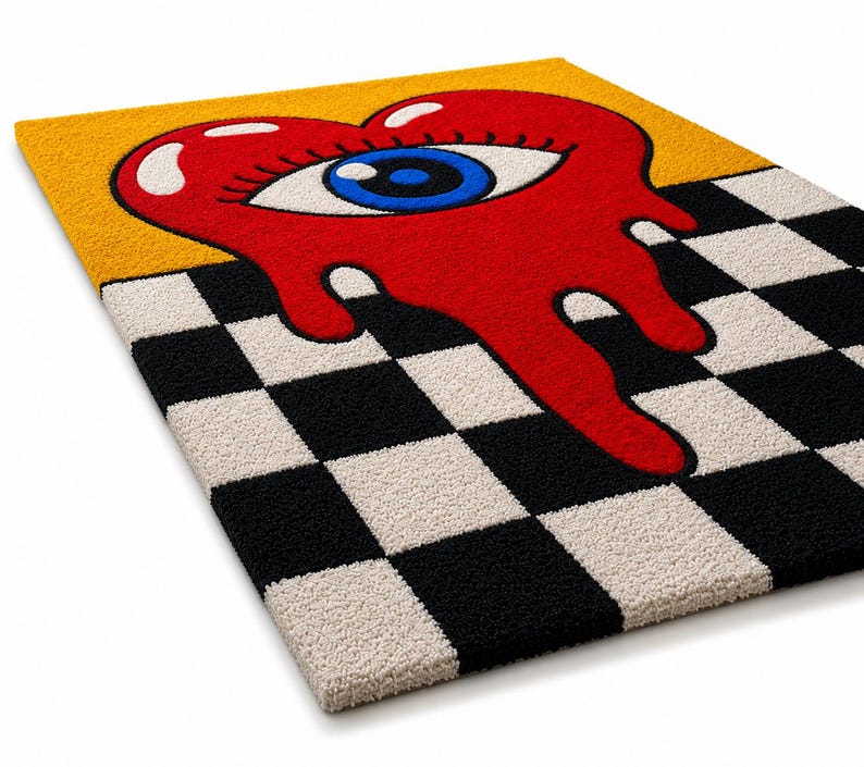 May include: A rectangular tufted rug featuring a large red heart with a central blue eye and long eyelashes. The heart appears to be melting downward over a black and white checkered pattern, set against a solid yellow background at the top.