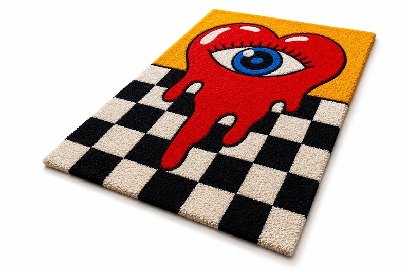 May include: A rectangular tufted rug featuring a black and white checkered pattern on the bottom half and a solid yellow background on the top half. A large red heart shape with a blue and white eye in the center appears to be melting downward.