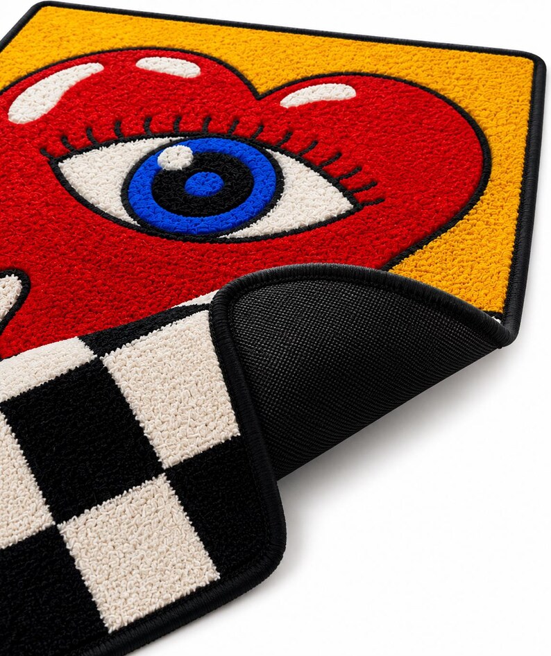 May include: A rectangular tufted rug featuring a large red heart with a blue eye in the center against a yellow background. The bottom section displays a black and white checkered pattern. The rug has a black bound edge and a black textured backing.