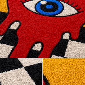 May include: A tufted rug featuring a large red heart shape with a central blue eye, black eyelashes, and white highlights. The design includes a yellow background and a black and white checkered pattern at the bottom, all rendered in a textured yarn.