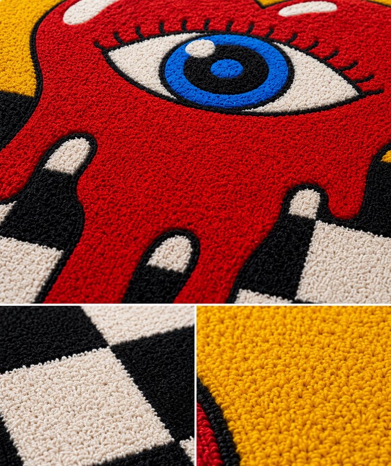 May include: A tufted rug featuring a large red heart shape with a central blue eye, black eyelashes, and white highlights. The design includes a yellow background and a black and white checkered pattern at the bottom, all rendered in a textured yarn.