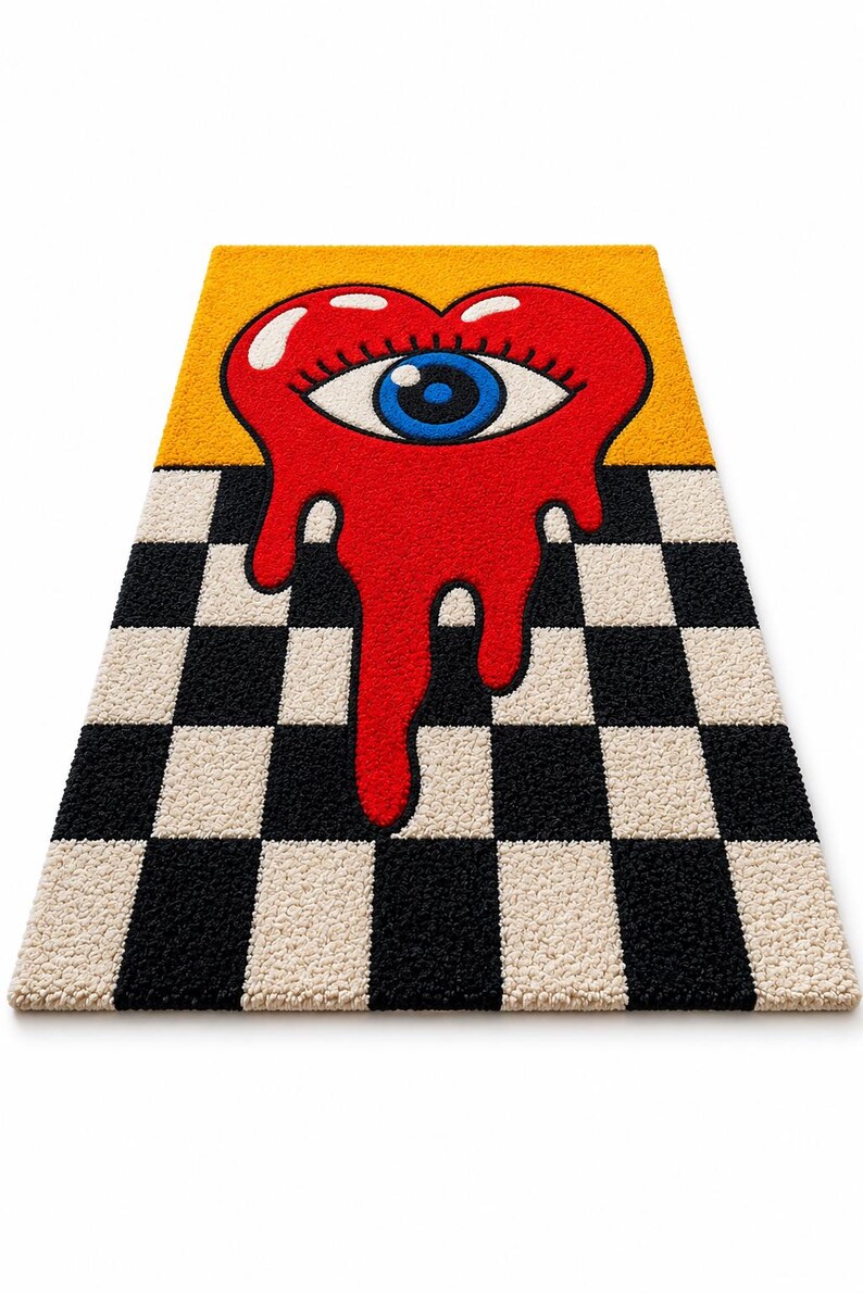 May include: A rectangular tufted rug featuring a black and white checkered pattern on the bottom half and a solid yellow background on the top half. A large red heart with a blue eye in the center is melting downward over the checkered section.