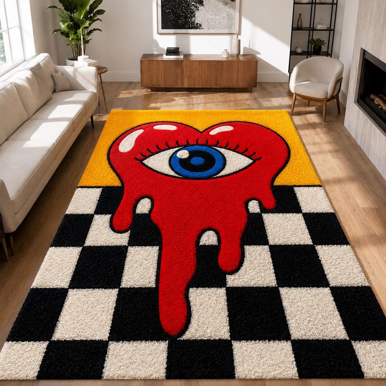 Melting Heart Eye Rug Checkerboard Tufted Area Rug Groovy Y2K Room Decor Aesthetic Quirky Carpet Funky Pop Art Rug Cute Floor Mat image 4