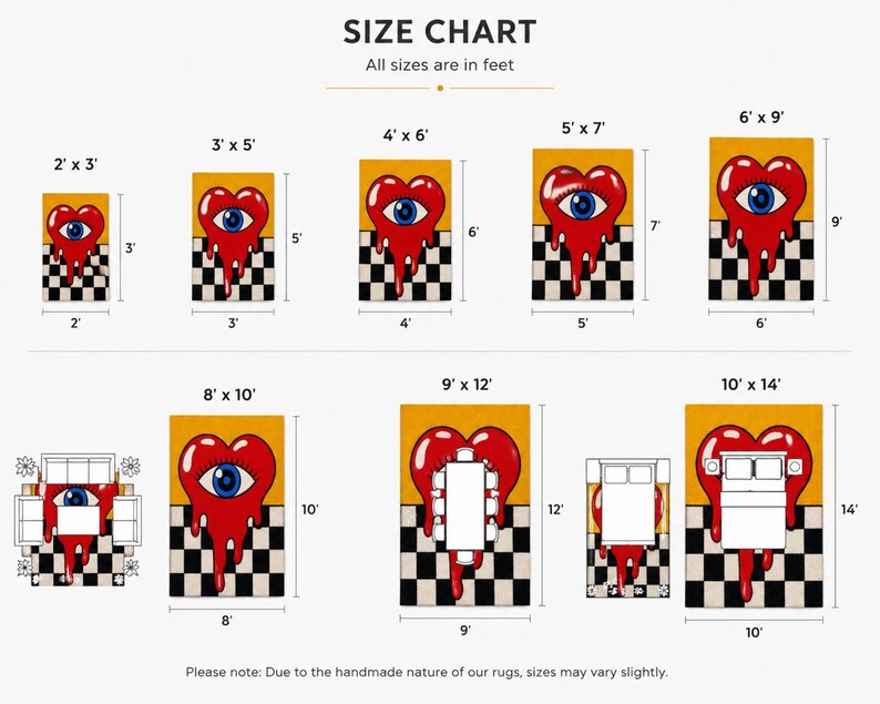 May include: A size chart for rugs featuring a graphic of a red heart with a blue eye, melting over a black and white checkered pattern. The chart displays dimensions in feet, ranging from 2' x 3' to 10' x 14', with illustrations of furniture placement.