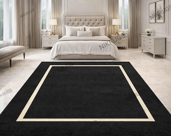 Black Area Rug with Cream Border, Modern Minimalist Rug for Bedroom, Luxury Aesthetic Large Carpet, Elegant Living Room Rug, Tufted Rug 8×10