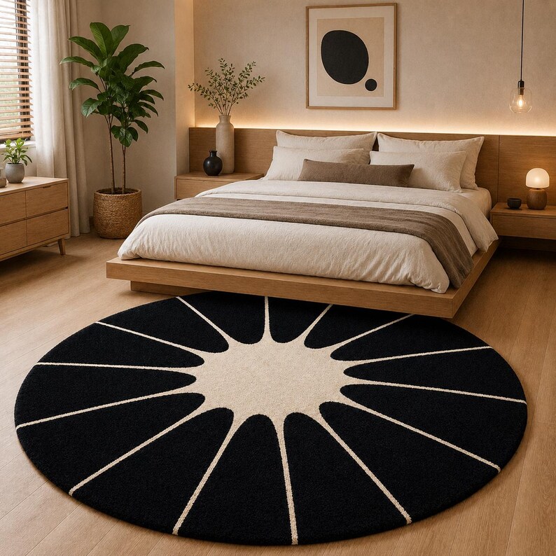 May include: A large circular area rug featuring a bold, high-contrast design with a central cream-colored sunburst pattern radiating outward into long, petal-like shapes against a solid black background, creating a striking geometric focal point.