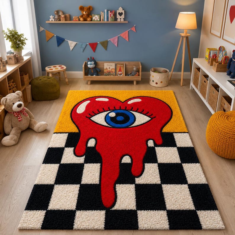 May include: A rectangular area rug featuring a large red heart with a central blue eye design that appears to be melting downward. The lower portion of the rug displays a black and white checkered pattern, while the upper section is solid yellow.