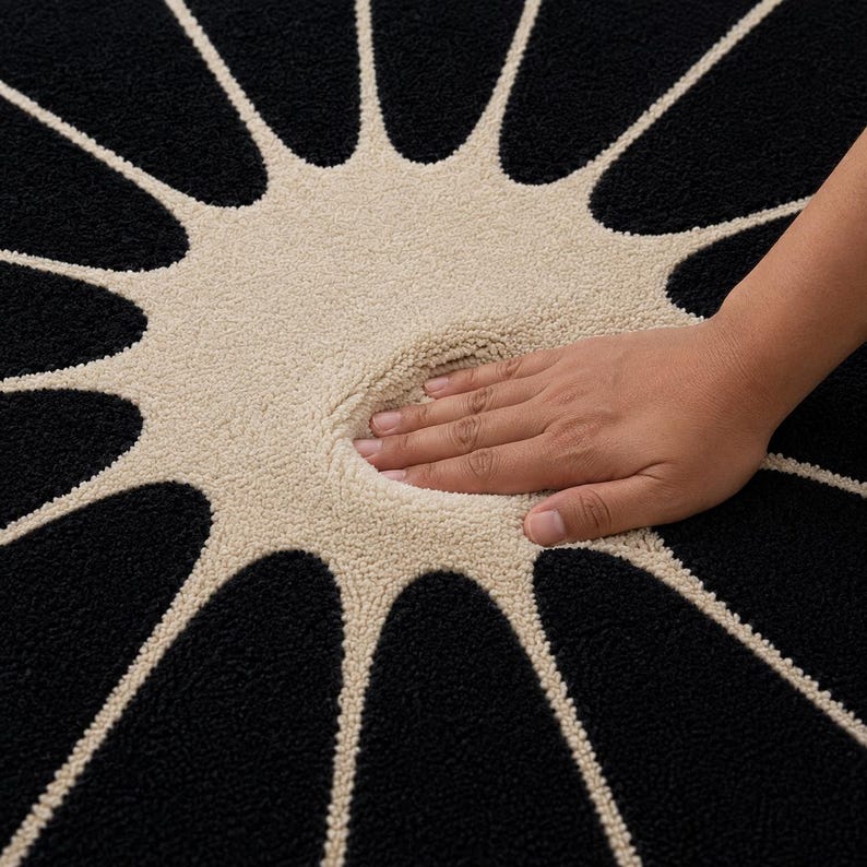 May include: A circular rug featuring a high-contrast design with a central beige sunburst pattern radiating outward into a deep black background. The textured, tufted surface shows a visible indentation where pressure is applied to the material.