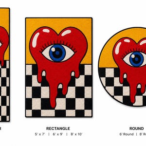 May include: Three rugs in runner, rectangular, and round shapes featuring a red heart with a blue eye in the center. The heart appears to be melting over a black and white checkered pattern against a yellow background. Text labels include RUNNER 2.5' x 8', RECTANGLE 5' x 7' | 6' x 9' | 8' x 10', and ROUND 6' Round | 8' Round.