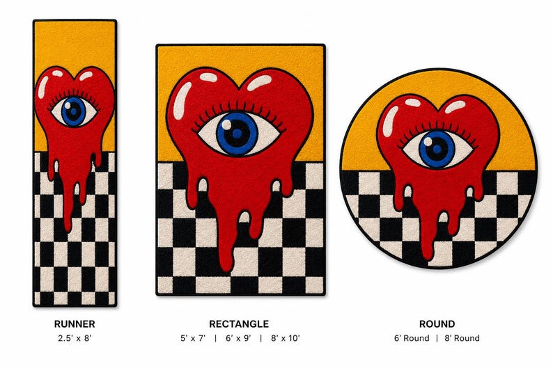 May include: Three rugs in runner, rectangular, and round shapes featuring a red heart with a blue eye in the center. The heart appears to be melting over a black and white checkered pattern against a yellow background. Text labels include RUNNER 2.5' x 8', RECTANGLE 5' x 7' | 6' x 9' | 8' x 10', and ROUND 6' Round | 8' Round.