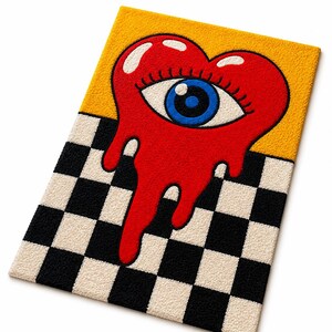 May include: A rectangular tufted rug featuring a yellow upper section and a black and white checkered lower section. Centered is a large red heart shape with a blue eye in the middle, depicted with a melting effect dripping down the surface.