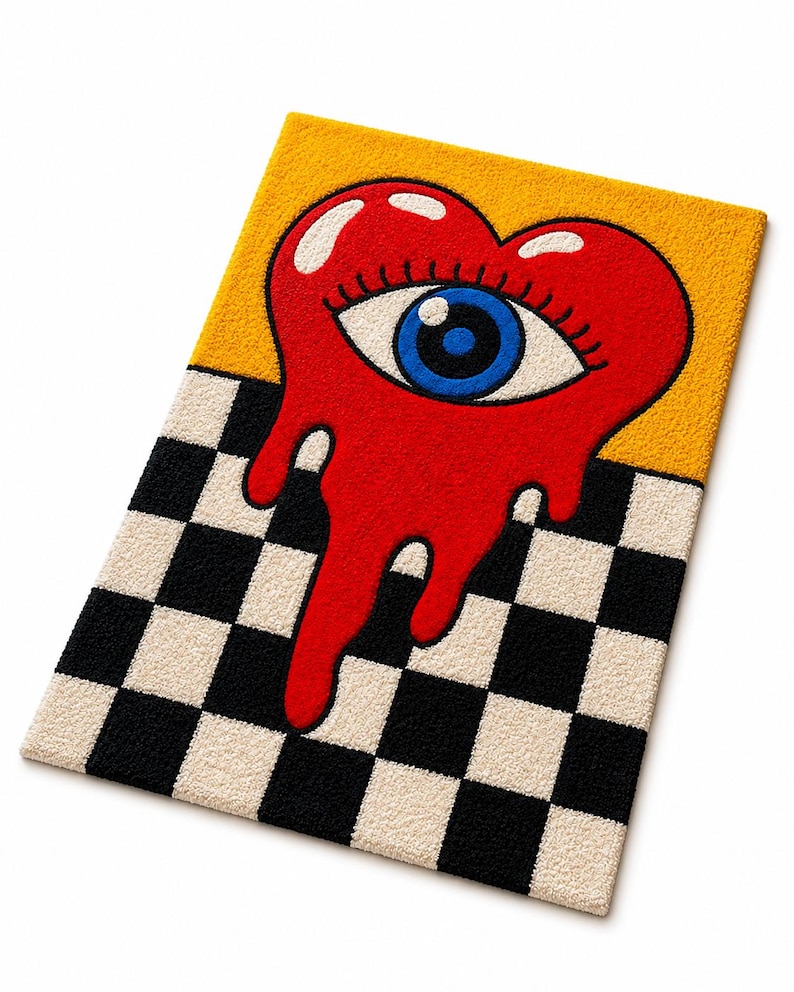 May include: A rectangular tufted rug featuring a yellow upper section and a black and white checkered lower section. Centered is a large red heart shape with a blue eye in the middle, depicted with a melting effect dripping down the surface.