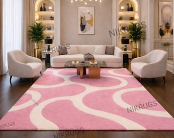 Hand-Tufted Wool Area Rug, Pink Wavy Modern Rug, Pastel Decor