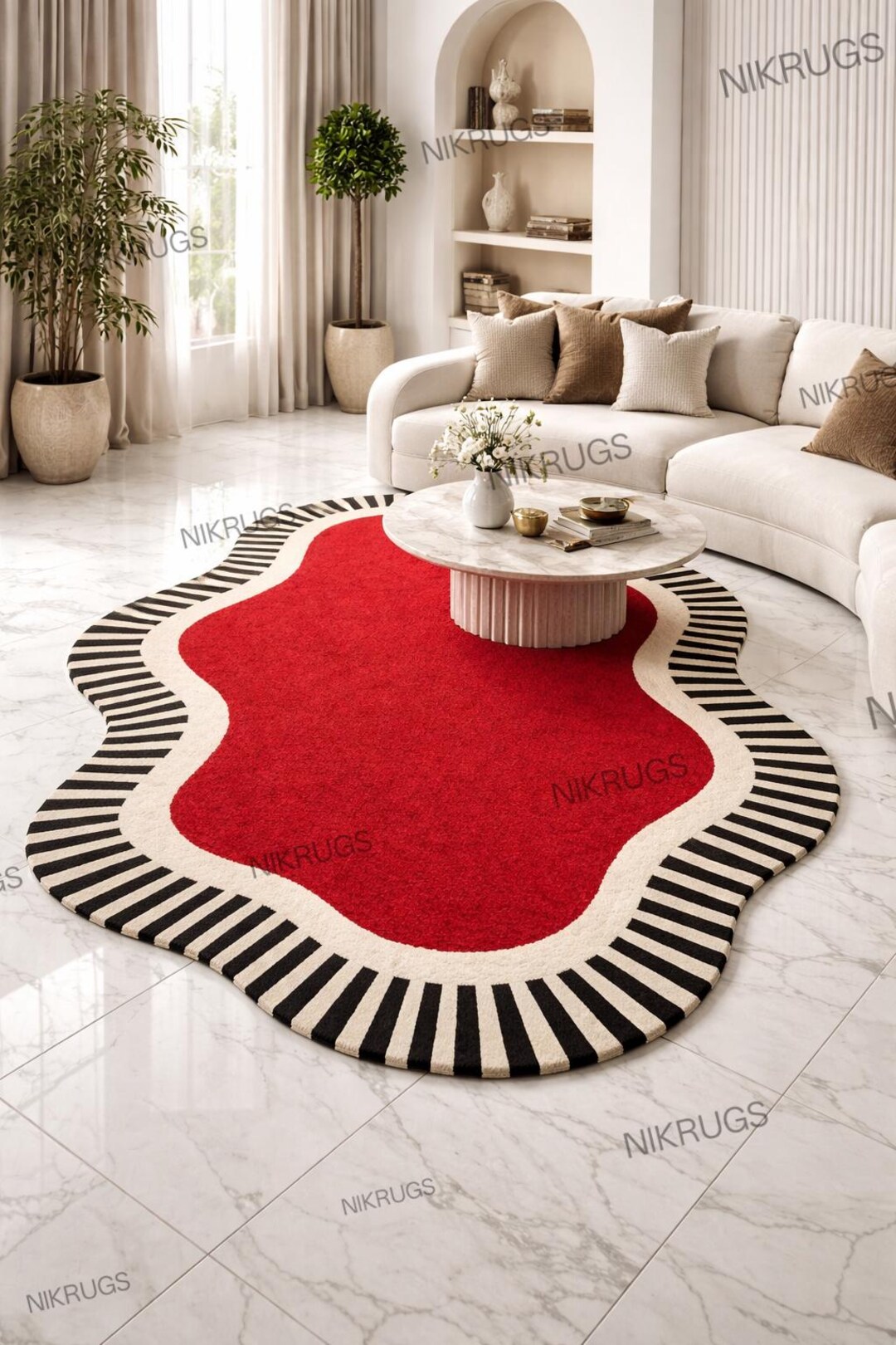 Red Wavy Rug Handmade Tufted Rug Red Wavy Statement Area Rug, Bold Postmodern ...