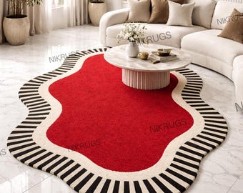 Handmade Tufted Rug Red Wavy Statement Area Rug, Bold Postmodern Striped Border Carpet, Organic Shape Custom Wool Rug For Luxury Living Room