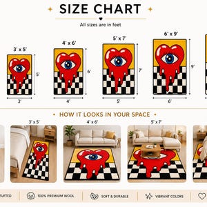 May include: A size chart for a rectangular rug featuring a red melting heart with a blue eye, set against a yellow top and black and white checkered bottom. Dimensions range from 2' x 3' to 8' x 10' in feet, with five room setting examples.