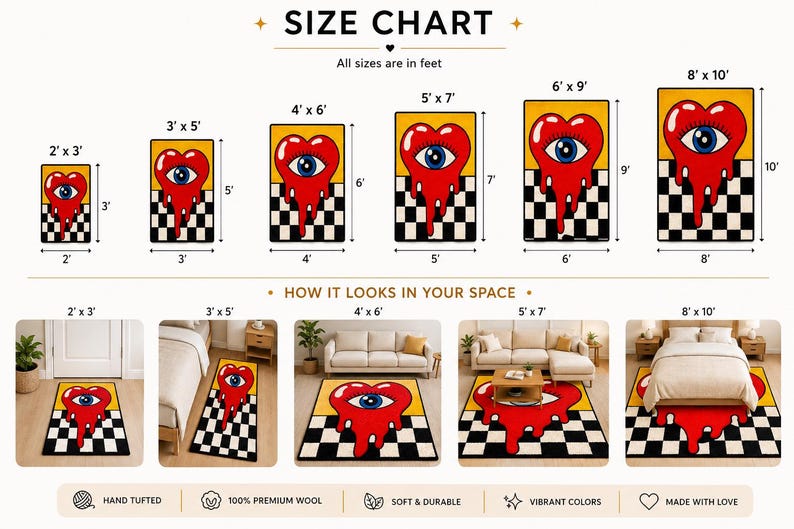 May include: A size chart for a rectangular rug featuring a red melting heart with a blue eye, set against a yellow top and black and white checkered bottom. Dimensions range from 2' x 3' to 8' x 10' in feet, with five room setting examples.