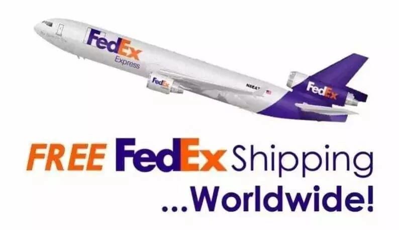 May include: A white cargo airplane with purple and orange FedEx Express branding on the fuselage and tail. The text FedEx Express is visible on the side of the plane, and the text FREE FedEx Shipping ...Worldwide! appears below the aircraft.