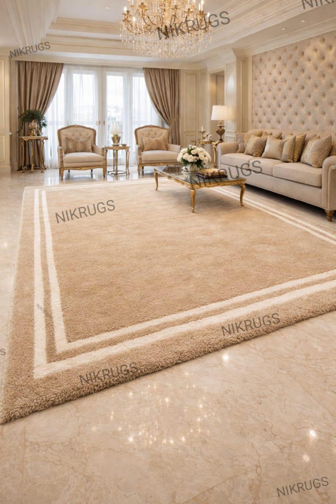 Champagne Beige Plush Hand Tufted Area Rug, Luxury Modern Bordered Rug ...
