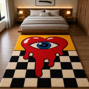 May include: A rectangular area rug featuring a large, central red heart shape with a blue eye in the middle. The heart appears to be melting downward over a background that transitions from a solid yellow top section to a black and white checkerboard pattern.