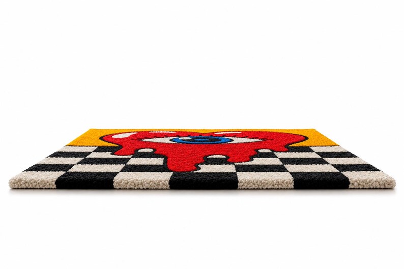 May include: A rectangular tufted rug featuring a central red melting heart graphic with a large blue eye in the middle. The background consists of a yellow upper section and a black and white checkered pattern along the bottom edge of the rug.