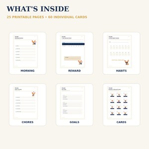 May include: A set of 25 printable pages and 60 individual cards titled WHAT'S INSIDE. The collection includes templates for Morning Routine, 7-Day Reward Chart, 14-Day Habit Tracker, Chore Tracker, My Goals, and Routine & Reward Cards, featuring chihuahua illustrations.