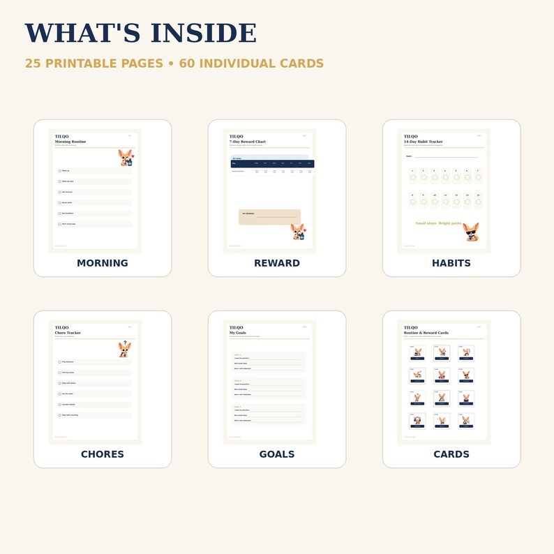May include: A set of 25 printable pages and 60 individual cards titled WHAT'S INSIDE. The collection includes templates for Morning Routine, 7-Day Reward Chart, 14-Day Habit Tracker, Chore Tracker, My Goals, and Routine & Reward Cards, featuring chihuahua illustrations.