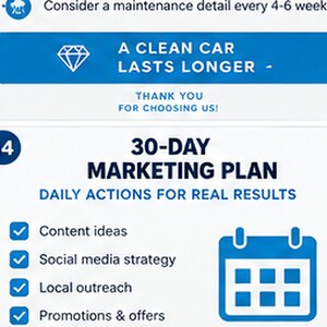 May include: A white informational graphic featuring blue text and icons. The top section includes a diamond icon and the text A CLEAN CAR LASTS LONGER. The bottom section displays 30-DAY MARKETING PLAN, DAILY ACTIONS FOR REAL RESULTS, and a calendar icon.