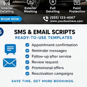May include: A digital marketing graphic for auto detailing services featuring text: 16 SMS & EMAIL SCRIPTS READY-TO-USE TEMPLATES. It lists appointment confirmation, reminder messages, follow-up after service, review request, promotional offers, and reactivation campaigns.