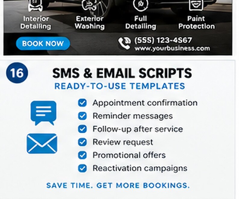 May include: A digital marketing graphic for auto detailing services featuring text: 16 SMS & EMAIL SCRIPTS READY-TO-USE TEMPLATES. It lists appointment confirmation, reminder messages, follow-up after service, review request, promotional offers, and reactivation campaigns.