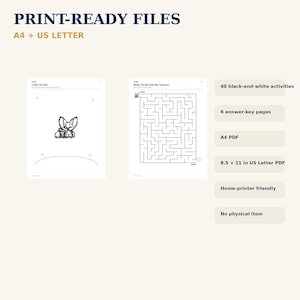 Może przedstawiać: Cyfrowe arkusze aktywności zatytułowane PRINT-READY FILES A4 + US LETTER. Zawiera 40 czarno-białych zadań, 6 stron z odpowiedziami, plik PDF A4 oraz PDF US Letter 8,5 x 11 cali. Zawiera kolorowankę ze stworzeniem i labirynt.