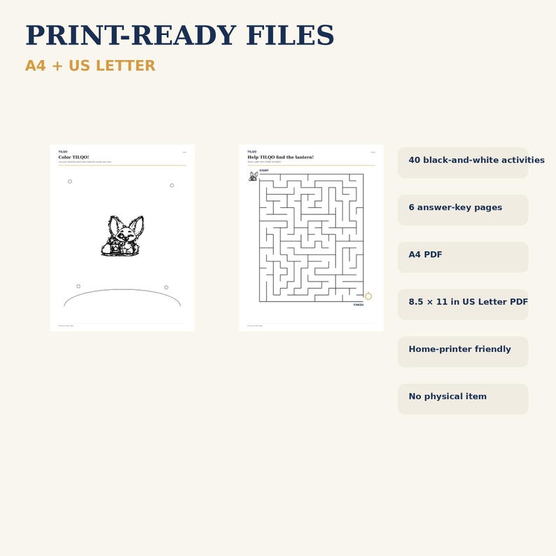Może przedstawiać: Cyfrowe arkusze aktywności zatytułowane PRINT-READY FILES A4 + US LETTER. Zawiera 40 czarno-białych zadań, 6 stron z odpowiedziami, plik PDF A4 oraz PDF US Letter 8,5 x 11 cali. Zawiera kolorowankę ze stworzeniem i labirynt.