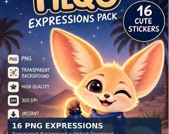 TILQO Expressions Pack | 16 Cute Fennec Fox PNG Stickers | Digital Planner Stickers | Kawaii Fox Emotes | Instant Download