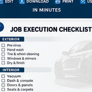 May include: A job execution checklist document featuring a car graphic and two sections labeled Exterior and Interior. The exterior list includes pre-rinse, hand wash, tire and wheel cleaning, windows and mirrors, and dry and finish. The interior list includes vacuum, dash and console, doors and panels, and seats and carpets.