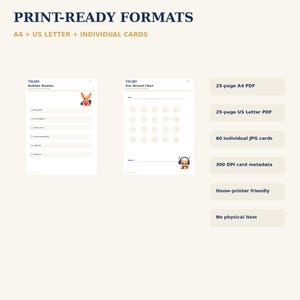 May include: Digital printable set featuring a Bedtime Routine checklist and a Star Reward Chart with cute animal illustrations. Includes 25-page A4 PDF, 25-page US Letter PDF, and 60 individual JPG cards. Text includes PRINT-READY FORMATS and TILQO.